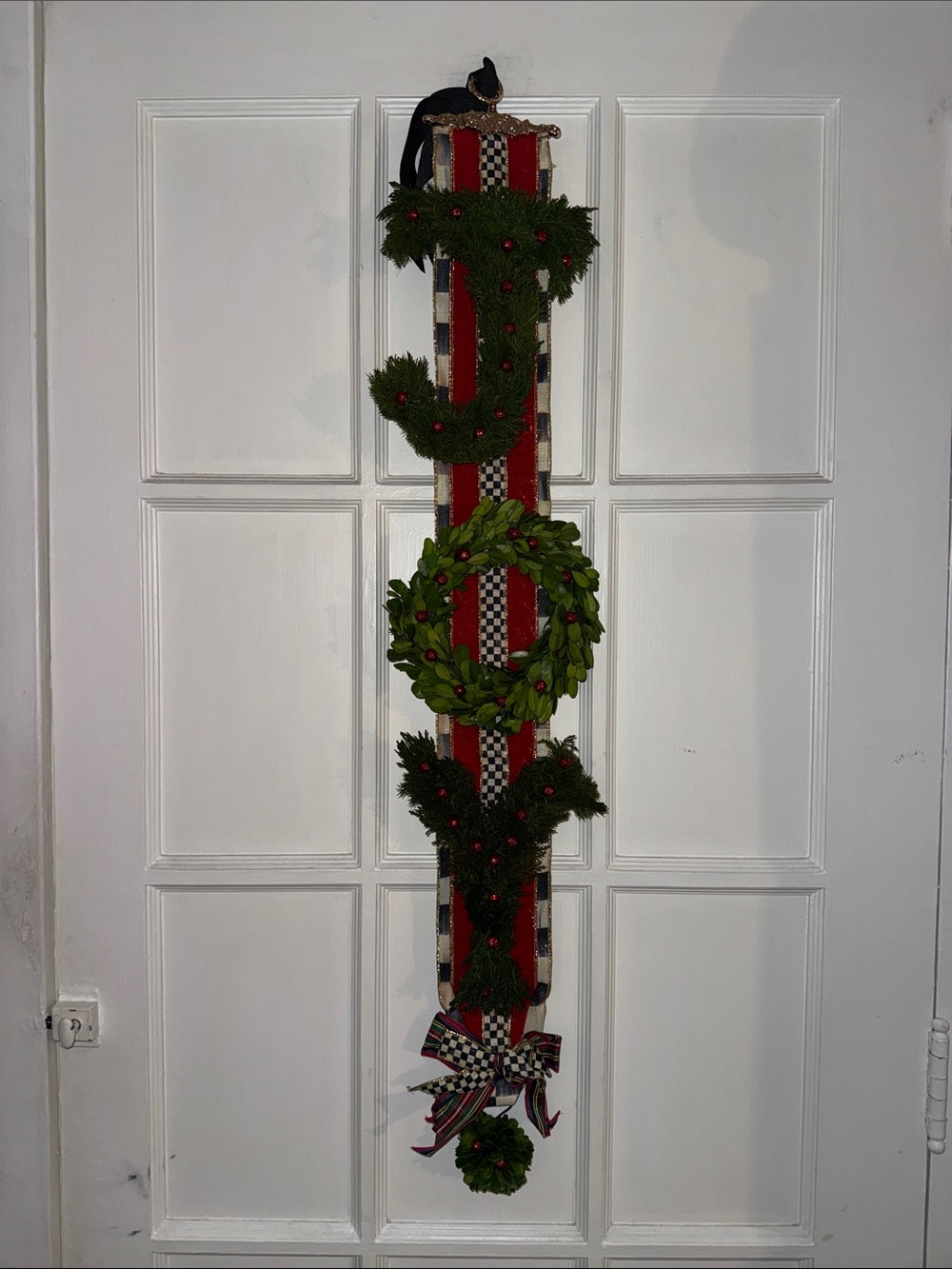Holiday JOY Vertical Door Hanger with Greenery and Red Ribbon